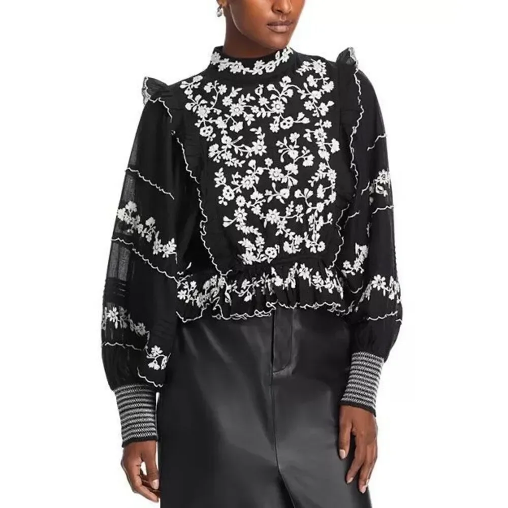 Farm Rio Women's Black White Embroidered Ruffle Long Sleeve Blouse Small NWOT